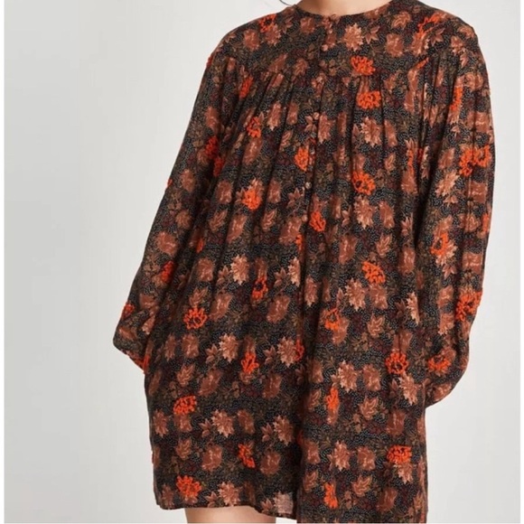 Zara Black Polka Dot Brown Floral Long Sleeve Mini Dress Embroidered, Size XS - Picture 1 of 9